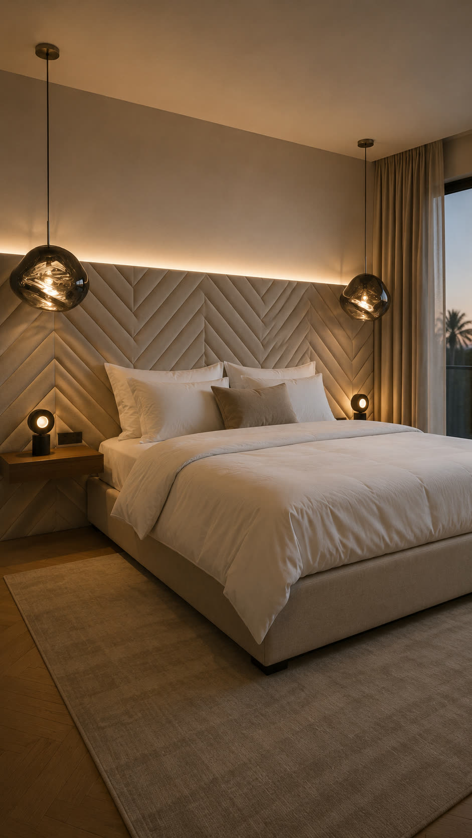 Modernes Hotelzimmer mit Fischgrät-Kopfteilwand, indirekter Beleuchtung und Pendelleuchten