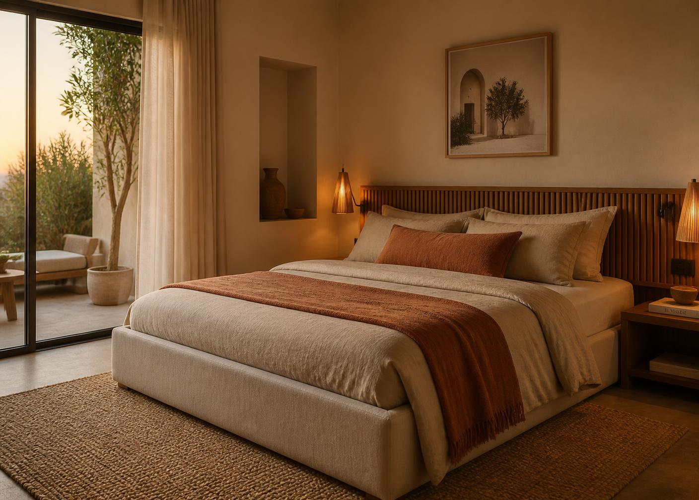 Schlafzimmer einer Ferienwohnung mit niedrigem Polsterbett