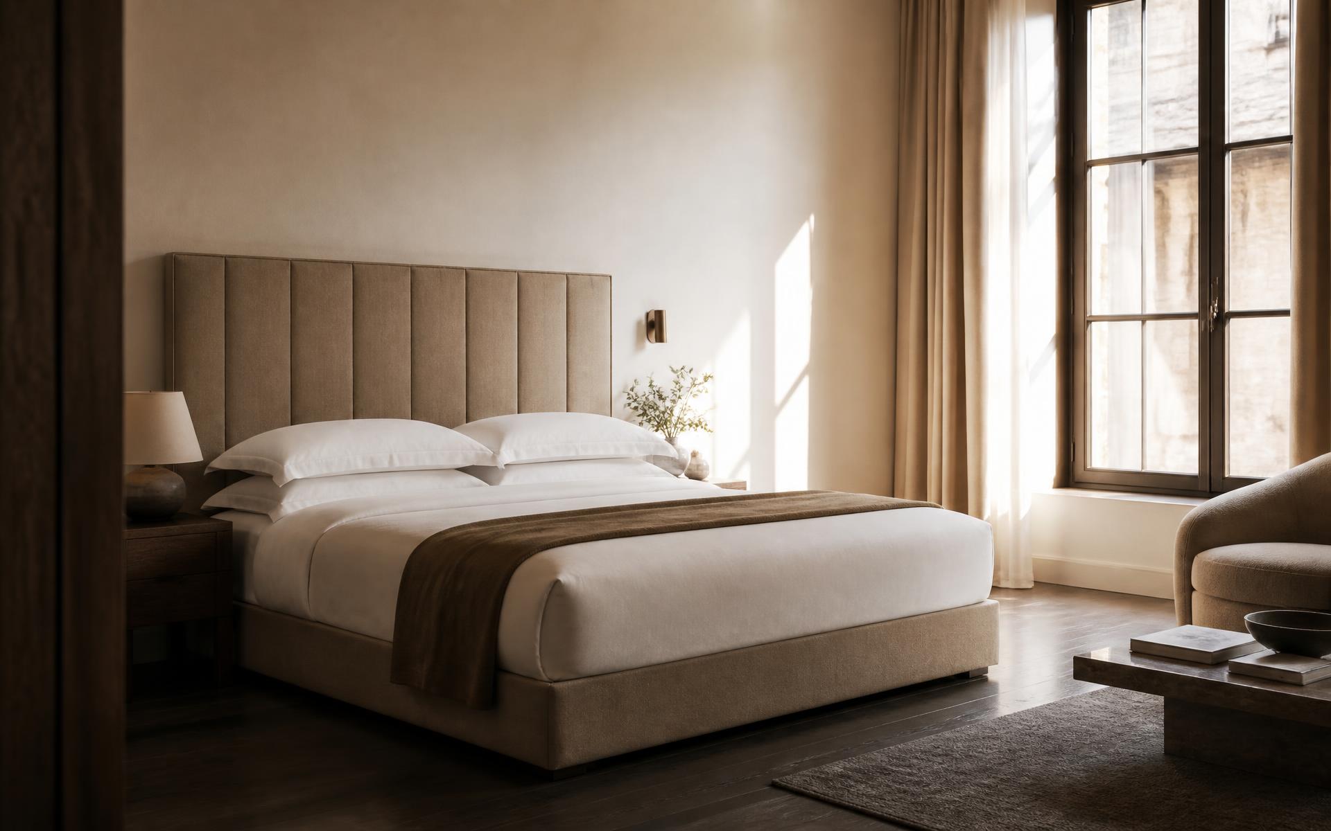 Hotelsuite mit gepolstertem Boxspringbett und gestepptem Kopfteil